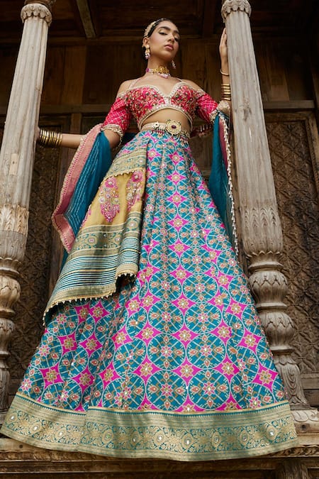 Sky Blue and Pink Lehenga Embellished in Floral Beads and Sequins with  Dupatta|Lehenga-Diademstore.com