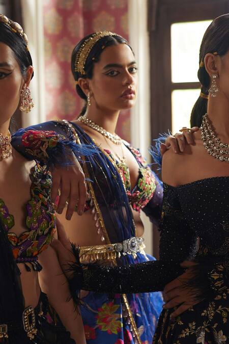 Aditi Gupta_Blue Silk And Organza Floral Print, Gota Patti, Beads, Cutdana & Lehenga Set_Online_at_Aza_Fashions