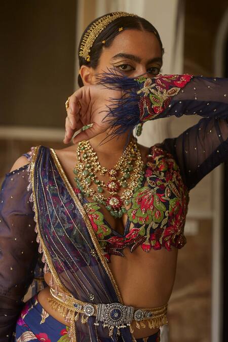 Buy_Aditi Gupta_Blue Silk And Organza Floral Print, Gota Patti, Beads, Cutdana & Lehenga Set_Online_at_Aza_Fashions