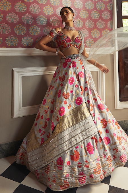 Powder Blue Pure Crepe Floral Printed Lehenga Set Design by Ease at  Pernia's Pop Up Shop 2024