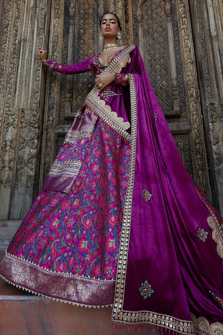 Aditi Gupta Purple Blouse And Dupatta Velvet, Lehenga Silk Floral Motifs Print Panelled Set Online at Aza Fashions Aditi Gupta_Purple Blouse And Dupatta Velvet, Lehenga Silk Floral Motifs Print Panelled Set _Online_at_Aza_Fashions