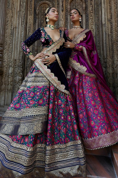 Buy Aditi Gupta Purple Blouse And Dupatta Velvet, Lehenga Silk Floral Motifs Print Panelled Set Online at Aza Fashions Buy_Aditi Gupta_Purple Blouse And Dupatta Velvet, Lehenga Silk Floral Motifs Print Panelled Set _Online_at_Aza_Fashions