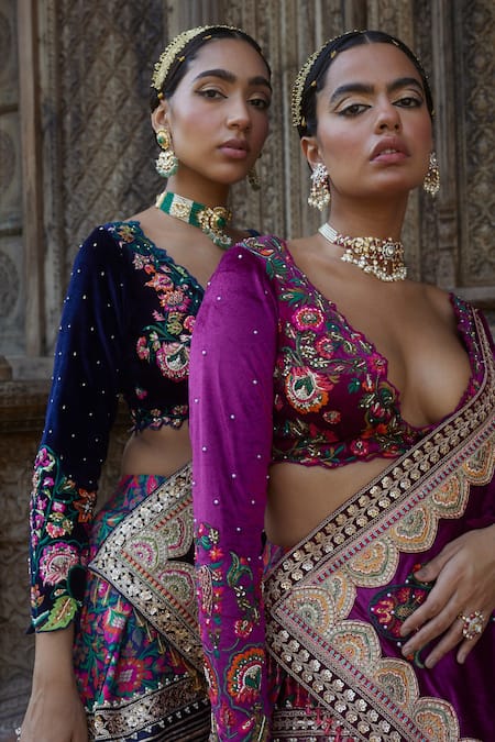 Shop Aditi Gupta Purple Blouse And Dupatta Velvet, Lehenga Silk Floral Motifs Print Panelled Set Online at Aza Fashions Shop_Aditi Gupta_Purple Blouse And Dupatta Velvet, Lehenga Silk Floral Motifs Print Panelled Set _Online_at_Aza_Fashions