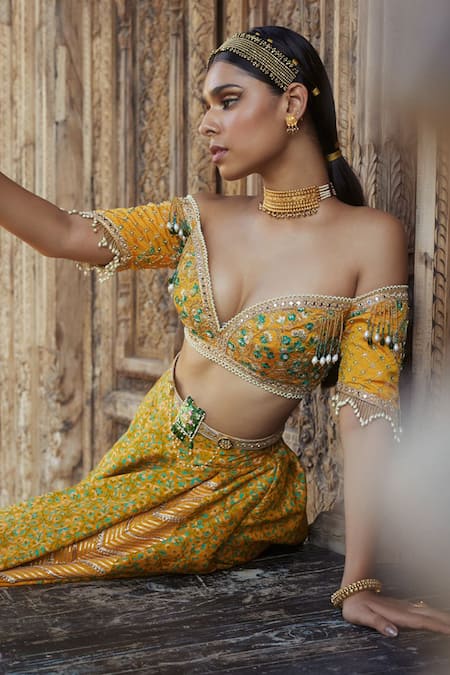 Aditi Gupta_Yellow Blouse , Lehenga Jamawar Katan Bead Work, Print And Set _Online_at_Aza_Fashions