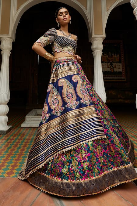 Aditi Gupta Blue Lehenga Katan Silk Printed Floral And Paisley Motifs Resham & Blouse Set 