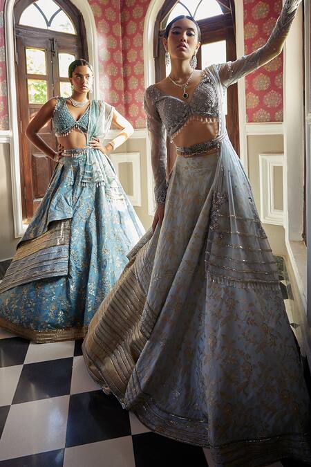 Aditi Gupta_Blue Dupatta Organza, Lehenga And Blouse Silk Bead Work, Floral Print Set_Online_at_Aza_Fashions
