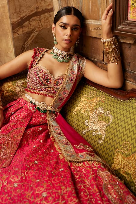 Aditi Gupta_Red Blouse , Dupatta Organza, Lehenga Jamawar Katan Dori, Gota, Set _Online_at_Aza_Fashions