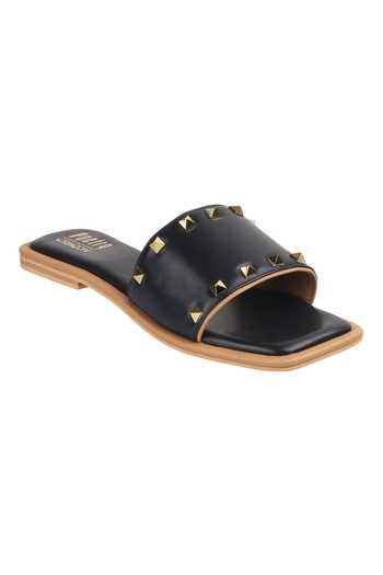 CRIMZON_Black Spiked Strap Sliders_Online_at_Aza_Fashions