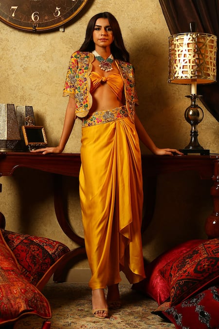 Samatvam by Anjali Bhaskar Yellow Silk Embroidery Open Jacket And Draped Skirt Set 