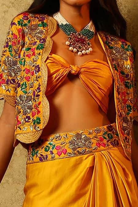 Shop Samatvam By Anjali Bhaskar Yellow Silk, Modal Satin Open Embroidered Jacket And Draped Skirt Set at Aza Fashions Shop_Samatvam By Anjali Bhaskar_Yellow Silk, Modal Satin Open Embroidered Jacket And Draped Skirt Set _at_Aza_Fashions