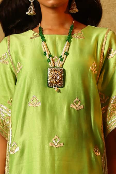 Shop Samatvam By Anjali Bhaskar Green Chanderi Cotton Round Kurta And Pant Set at Aza Fashions Shop_Samatvam By Anjali Bhaskar_Green Chanderi Cotton Round Kurta And Pant Set _at_Aza_Fashions