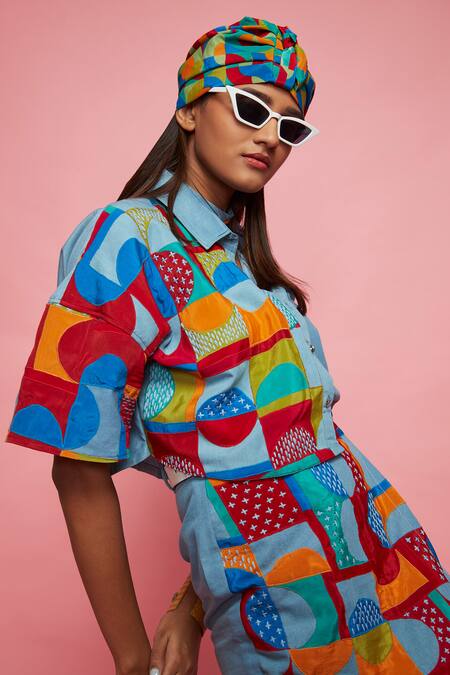 Esha L Amin_Blue Denim Geometric Print Skirt_Online_at_Aza_Fashions