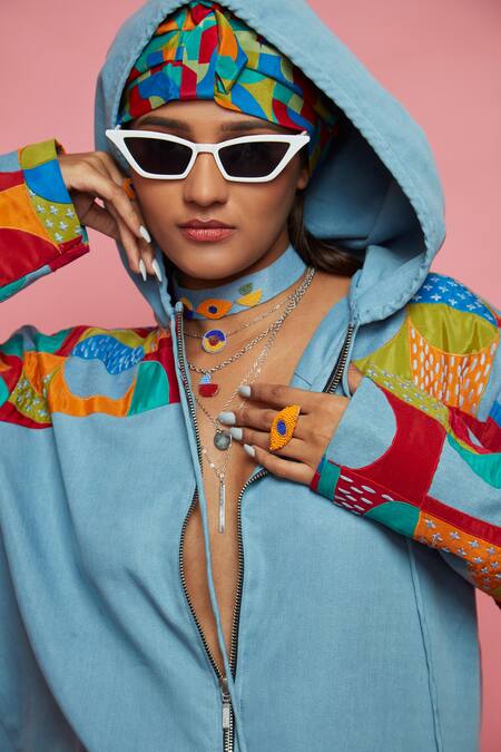 Esha L Amin_Blue Denim Geometric V Neck Hoodie_Online_at_Aza_Fashions