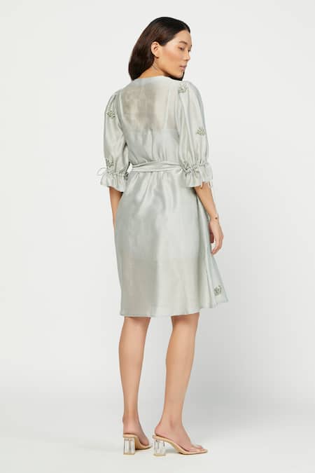 Shop Meadow Grey Silk Chanderi V Neck Floral Embroidered Dress at Aza Fashions Shop_Meadow_Grey Silk Chanderi V Neck Floral Embroidered Dress _at_Aza_Fashions