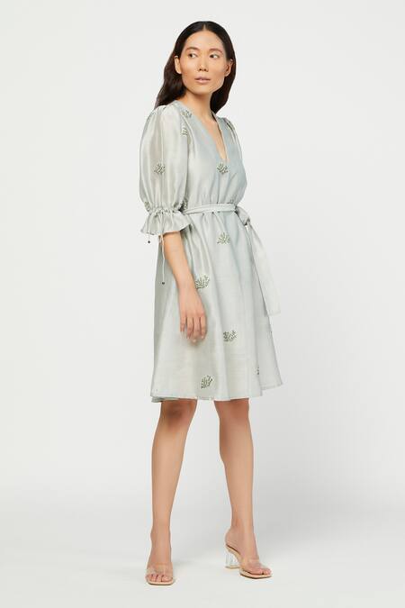 Meadow Grey Silk Chanderi V Neck Floral Embroidered Dress Online at Aza Fashions Meadow_Grey Silk Chanderi V Neck Floral Embroidered Dress _Online_at_Aza_Fashions