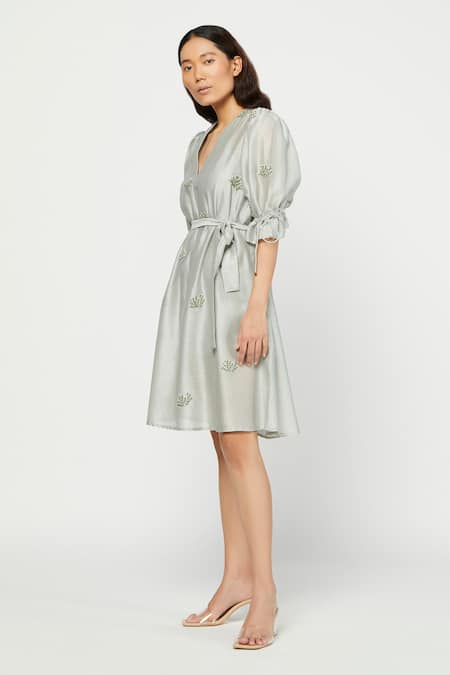 Buy Meadow Grey Silk Chanderi V Neck Floral Embroidered Dress Online at Aza Fashions Buy_Meadow_Grey Silk Chanderi V Neck Floral Embroidered Dress _Online_at_Aza_Fashions