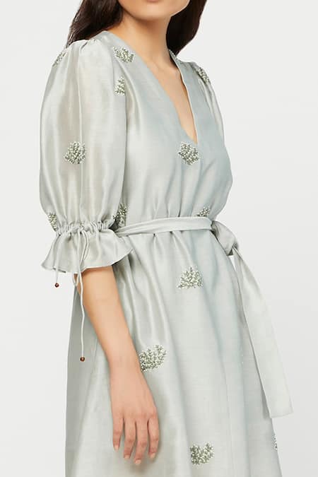 Shop Meadow Grey Silk Chanderi V Neck Floral Embroidered Dress Online at Aza Fashions Shop_Meadow_Grey Silk Chanderi V Neck Floral Embroidered Dress _Online_at_Aza_Fashions