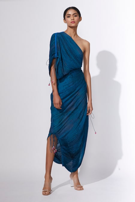 Saaksha & Kinni Blue Chiffon Hand Micro Pleated One Shoulder Dress