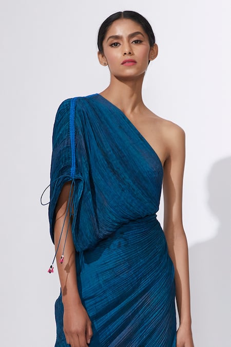 Saaksha & Kinni_Blue Chiffon, Cotton Silk Hand Micro Pleated One Shoulder Dress _Online_at_Aza_Fashions