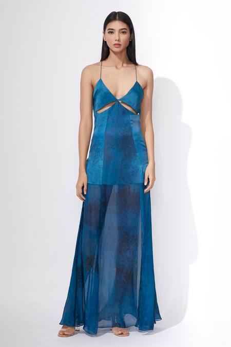 Buy_Saaksha & Kinni_Blue Chiffon, Satin Cutout Maxi Dress_Online_at_Aza_Fashions