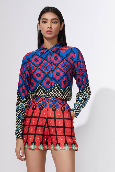 Buy_Saaksha & Kinni_Multi Color Satin Printed Shirt And Shorts Set _Online_at_Aza_Fashions