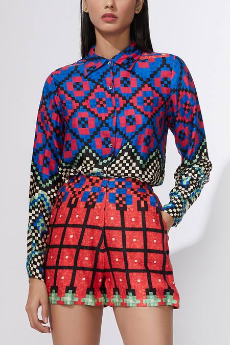 Shop_Saaksha & Kinni_Multi Color Satin Printed Shirt And Shorts Set _Online_at_Aza_Fashions