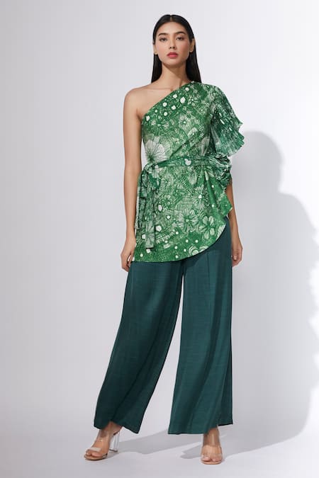 Buy Green Satin One Shoulder Top And Pant Set For Women by Saaksha