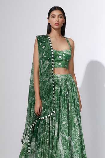 Buy_Saaksha & Kinni_Green Blouse Satin Lehenga Cotton Silk Dupatta Chiffon Printed Set_Online_at_Aza_Fashions