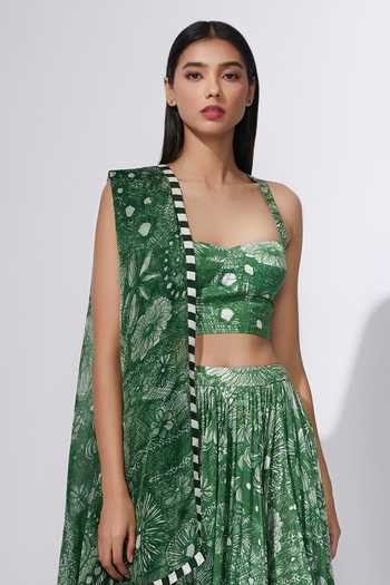 Saaksha & Kinni_Green Blouse Satin Lehenga Cotton Silk Dupatta Chiffon Printed Set_Online_at_Aza_Fashions