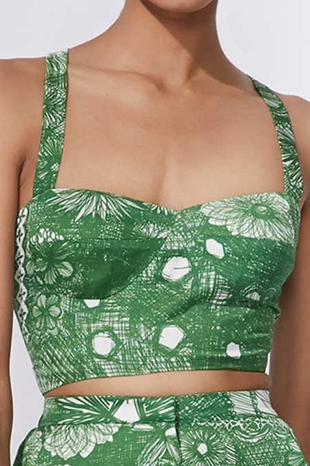 Buy_Saaksha & Kinni_Green Crop Top Cotton Silk Shorts Satin Printed And Set_Online_at_Aza_Fashions