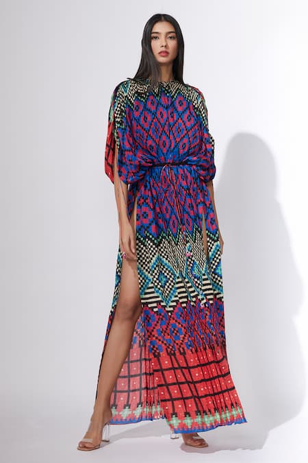 Saaksha & Kinni_Multi Color Cotton Silk Hand Micro Pleated Printed Kaftan  _Online_at_Aza_Fashions