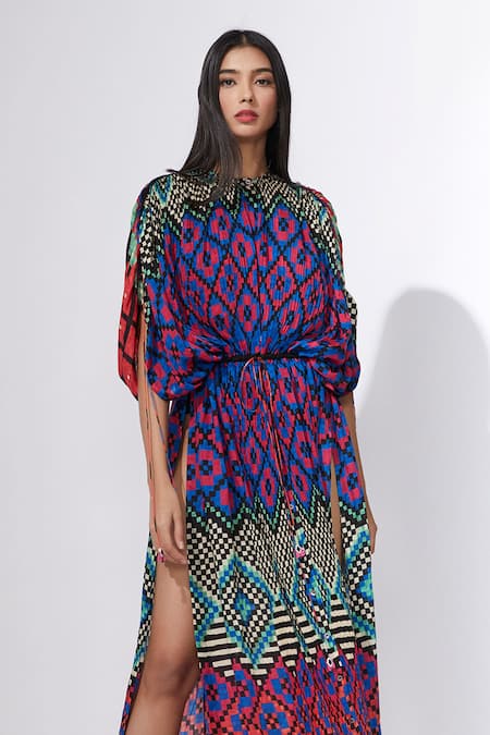 Shop_Saaksha & Kinni_Multi Color Cotton Silk Hand Micro Pleated Printed Kaftan  _at_Aza_Fashions