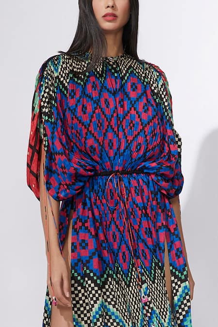 Buy_Saaksha & Kinni_Multi Color Cotton Silk Hand Micro Pleated Printed Kaftan  _Online_at_Aza_Fashions