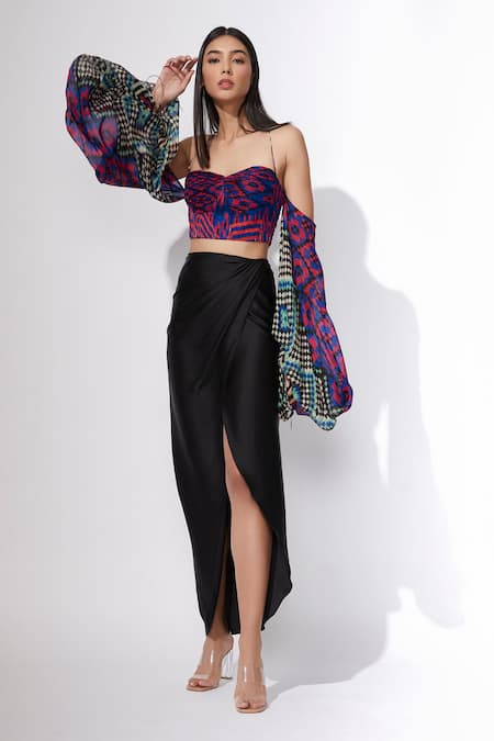 Buy Multi Swiggle Print Halter Neck Bralette with Asymmetric Style Wrap  Skirt by SAAKSHA & KINNI at Ogaan Online Shopping Site