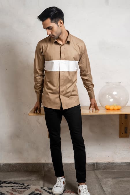Buy Brown Cotton Printed Colorblock Shirt For Men by Armen & Co