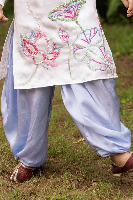 Buy_Panchhi By Kanupriya Tibrewala_White Silk Satin Embroidery Kurta And Dhoti Pant Set_Online_at_Aza_Fashions