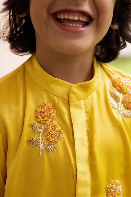 Shop_Panchhi By Kanupriya Tibrewala_Yellow Silk Embroidery Kurta And Dhoti Pant _at_Aza_Fashions