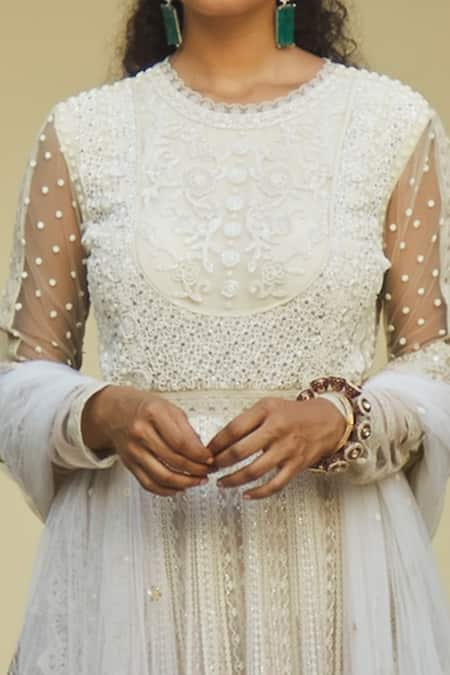 Jade By Monica & Karishma_White Net Embroidered Floral Round Shweta Anarkali With Dupatta  _Online_at_Aza_Fashions