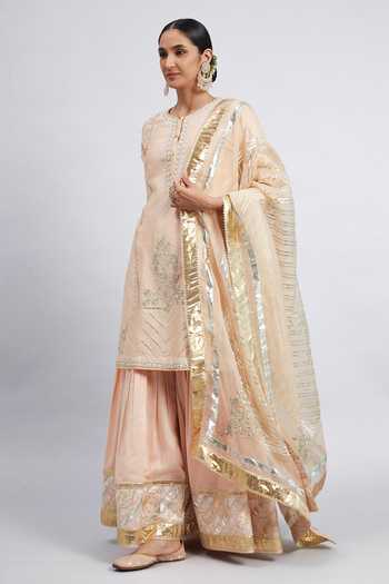 Buy_Sheetal Batra_Peach Kurta And Gharara Chanderi Banarasi Dupatta Eliza Set_Online_at_Aza_Fashions