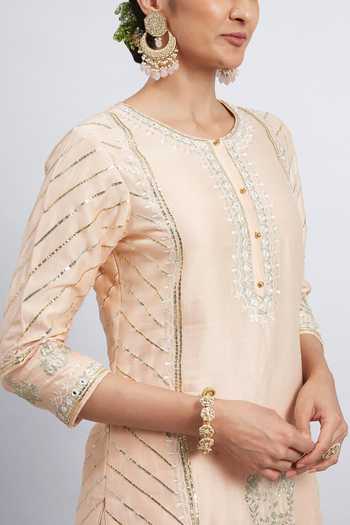 Shop_Sheetal Batra_Peach Kurta And Gharara Chanderi Banarasi Dupatta Eliza Set_Online_at_Aza_Fashions