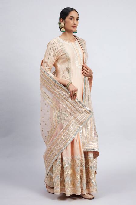 Buy_Sheetal Batra_Peach Kurta And Gharara Chanderi Banarasi Dupatta Erina Set_Online_at_Aza_Fashions