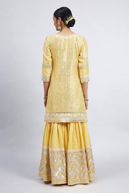 Shop Sheetal Batra Yellow Kurta And Gharara Chanderi Banarasi Dupatta Erina Set at Aza Fashions Shop_Sheetal Batra_Yellow Kurta And Gharara Chanderi Banarasi Dupatta Erina Set_at_Aza_Fashions
