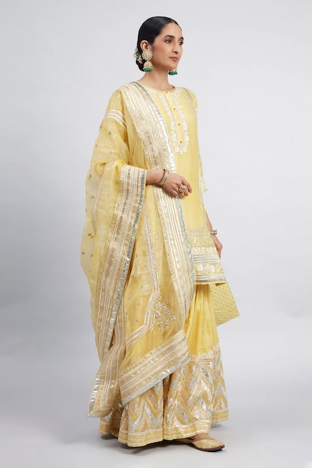 Sheetal Batra Yellow Kurta And Gharara Chanderi Banarasi Dupatta Erina Set Online at Aza Fashions Sheetal Batra_Yellow Kurta And Gharara Chanderi Banarasi Dupatta Erina Set_Online_at_Aza_Fashions