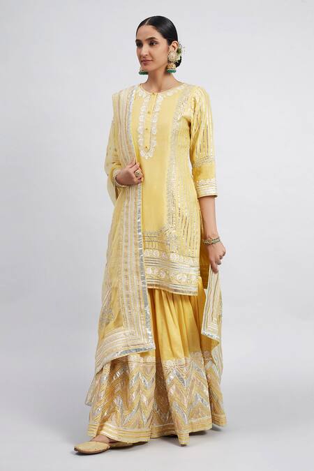 Buy Sheetal Batra Yellow Kurta And Gharara Chanderi Banarasi Dupatta Erina Set Online at Aza Fashions Buy_Sheetal Batra_Yellow Kurta And Gharara Chanderi Banarasi Dupatta Erina Set_Online_at_Aza_Fashions