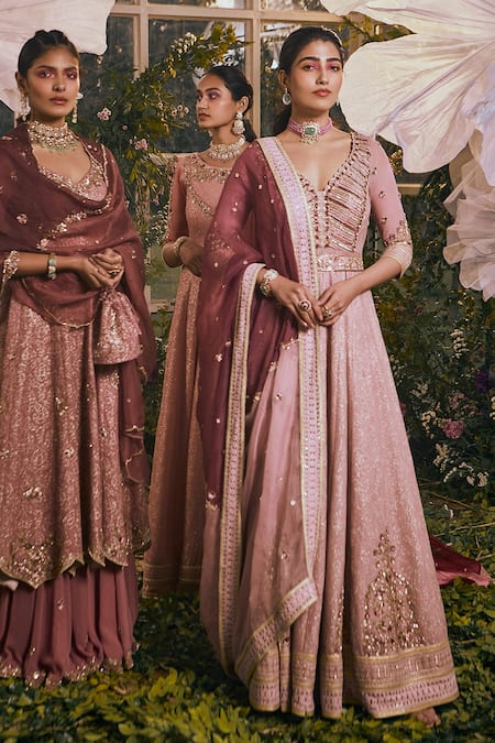 Rachit Khanna Pink Georgette Embroidered Sequins Plunge V Neck Anarkali Set 