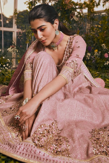 Rachit Khanna_Pink Organza, Net, Georgette, Lycra Cutdana, Sequins, Embroidered Anarkali Set_Online_at_Aza_Fashions