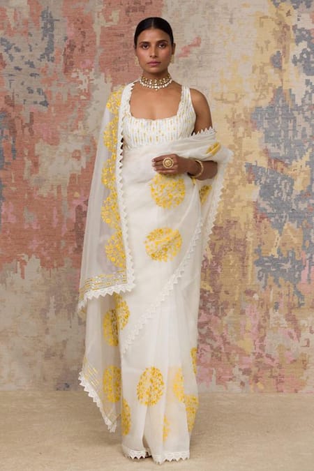 Devnaagri_White Raw , Organza Resham Work, Patra Scoop Neck Saree With Blouse _Online_at_Aza_Fashions