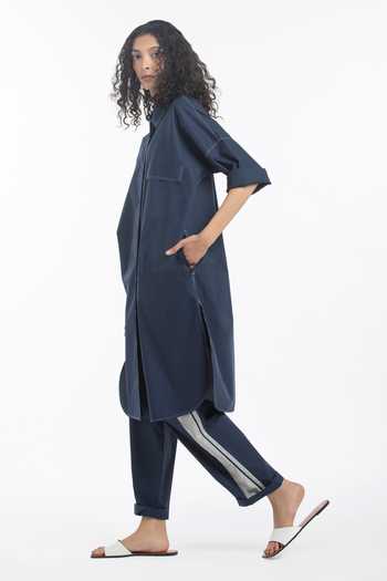 Three_Blue 100% Cotton Poplin Collared Neck Straight Kurta Set _Online_at_Aza_Fashions