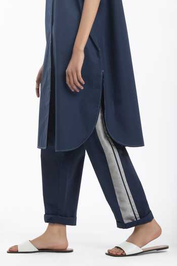Buy_Three_Blue 100% Cotton Poplin Collared Neck Straight Kurta Set _Online_at_Aza_Fashions