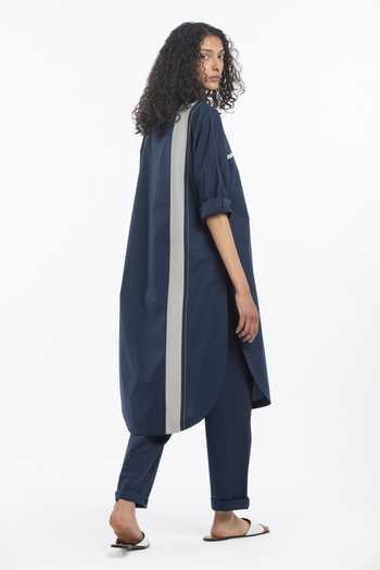 Three_Blue 100% Cotton Poplin Round Straight Kurta Set _Online_at_Aza_Fashions